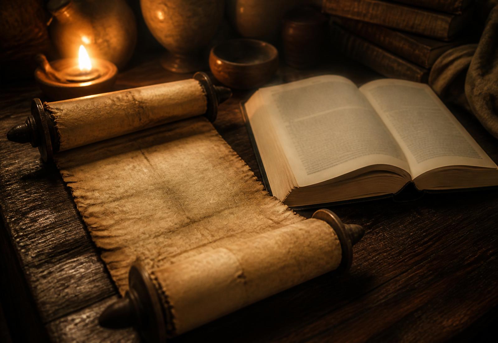 Manuscrito antiguo y libro abierto sobre escritorio de madera, iluminados por luz de vela.